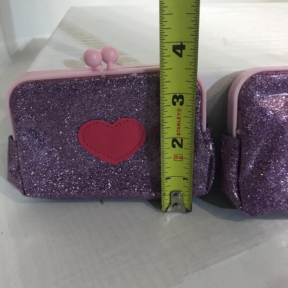 Purple Glitter Coin Purse With Pink Heart Cute Sparkly Change Holder 5" x 3.75" - Picture 4 of 6
